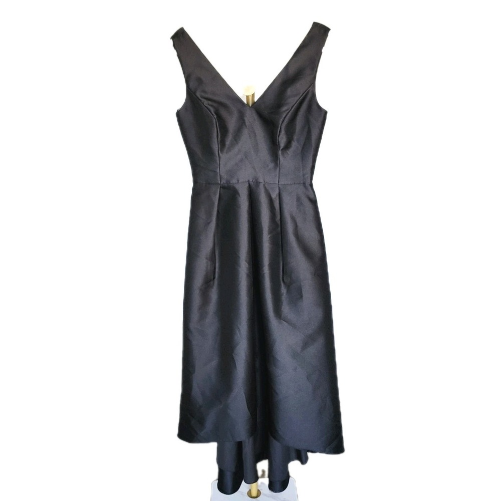 Alfred Sung Cocktail Party Dress Womens 8 Black Sateen Hi Low Hem Classic Luxury